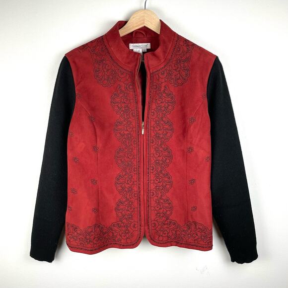 Coldwater Creek Faux Suede Sweater Jacket Ribbed Sleeves Beaded Full Zip Red L - Picture 11 of 16